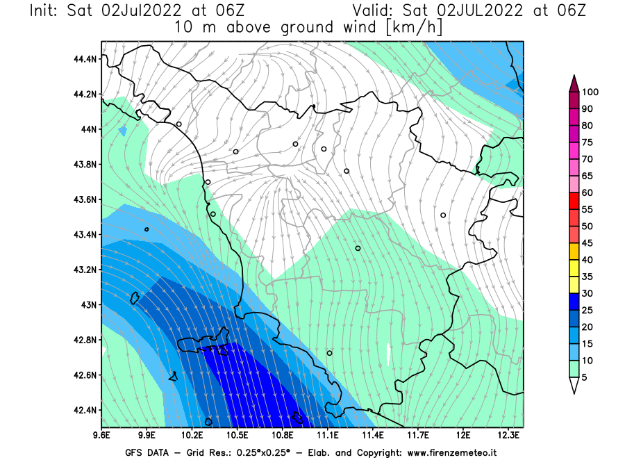 GFS analysi map - Wind Speed at 10 m above ground [km/h] in Tuscany
									on 02/07/2022 06 <!--googleoff: index-->UTC<!--googleon: index-->