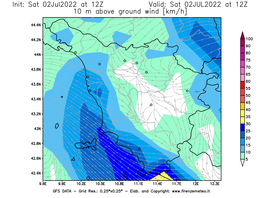 GFS analysi map - Wind Speed at 10 m above ground [km/h] in Tuscany
									on 02/07/2022 12 <!--googleoff: index-->UTC<!--googleon: index-->