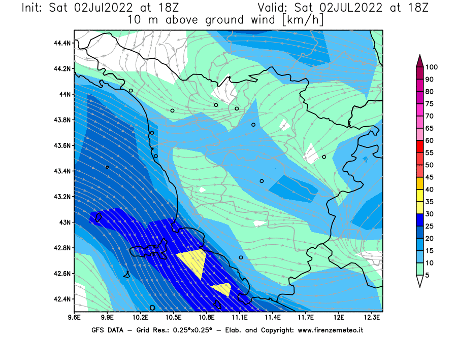 GFS analysi map - Wind Speed at 10 m above ground [km/h] in Tuscany
									on 02/07/2022 18 <!--googleoff: index-->UTC<!--googleon: index-->