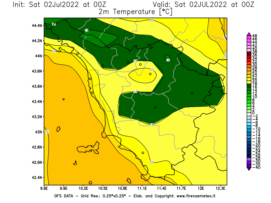 GFS analysi map - Temperature at 2 m above ground [°C] in Tuscany
									on 02/07/2022 00 <!--googleoff: index-->UTC<!--googleon: index-->
