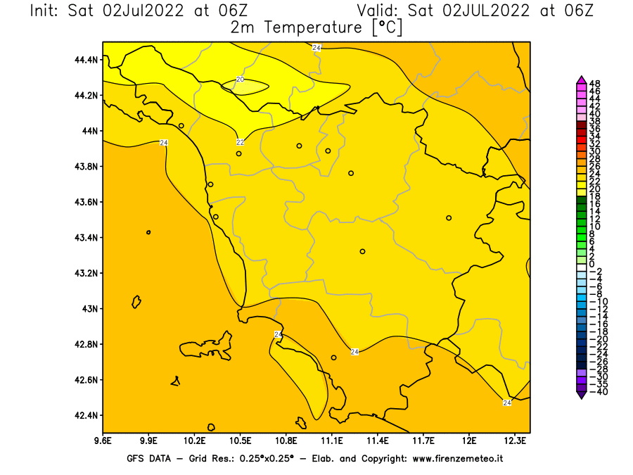 GFS analysi map - Temperature at 2 m above ground [°C] in Tuscany
									on 02/07/2022 06 <!--googleoff: index-->UTC<!--googleon: index-->
