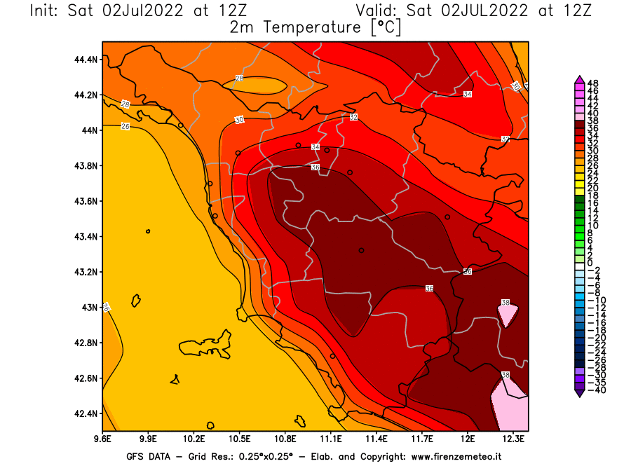 GFS analysi map - Temperature at 2 m above ground [°C] in Tuscany
									on 02/07/2022 12 <!--googleoff: index-->UTC<!--googleon: index-->