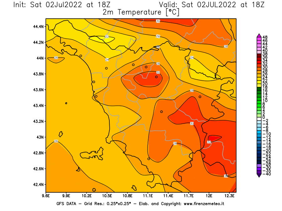 GFS analysi map - Temperature at 2 m above ground [°C] in Tuscany
									on 02/07/2022 18 <!--googleoff: index-->UTC<!--googleon: index-->