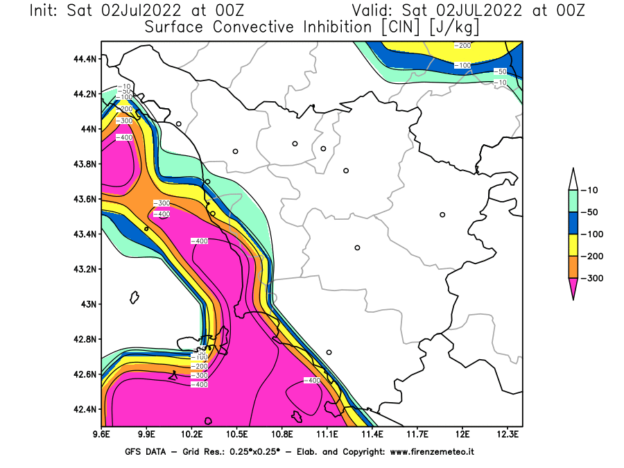 GFS analysi map - CIN [J/kg] in Tuscany
									on 02/07/2022 00 <!--googleoff: index-->UTC<!--googleon: index-->