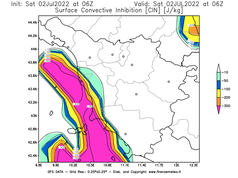 GFS analysi map - CIN [J/kg] in Tuscany
									on 02/07/2022 06 <!--googleoff: index-->UTC<!--googleon: index-->
