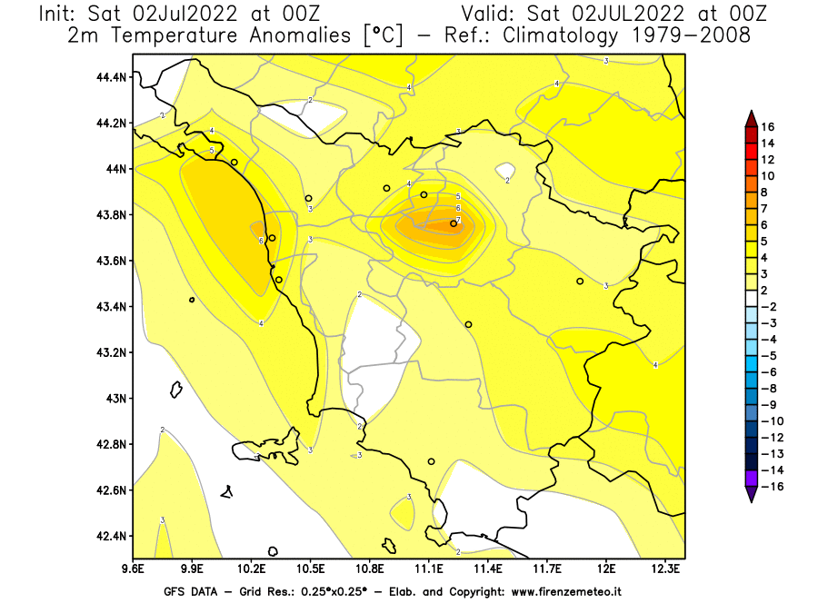 GFS analysi map - Temperature Anomalies [°C] at 2 m in Tuscany
									on 02/07/2022 00 <!--googleoff: index-->UTC<!--googleon: index-->
