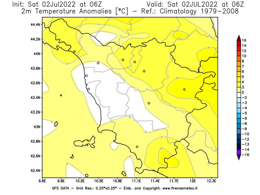 GFS analysi map - Temperature Anomalies [°C] at 2 m in Tuscany
									on 02/07/2022 06 <!--googleoff: index-->UTC<!--googleon: index-->