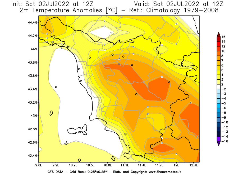 GFS analysi map - Temperature Anomalies [°C] at 2 m in Tuscany
									on 02/07/2022 12 <!--googleoff: index-->UTC<!--googleon: index-->