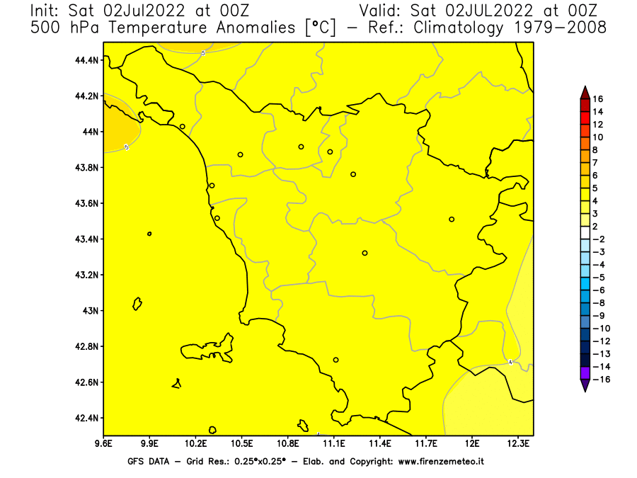 GFS analysi map - Temperature Anomalies [°C] at 500 hPa in Tuscany
									on 02/07/2022 00 <!--googleoff: index-->UTC<!--googleon: index-->