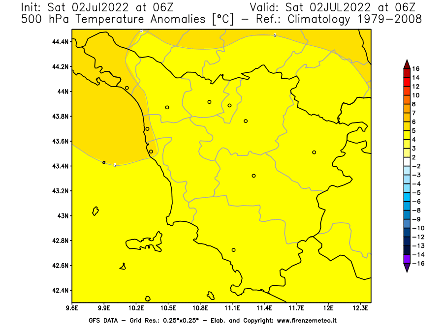 GFS analysi map - Temperature Anomalies [°C] at 500 hPa in Tuscany
									on 02/07/2022 06 <!--googleoff: index-->UTC<!--googleon: index-->