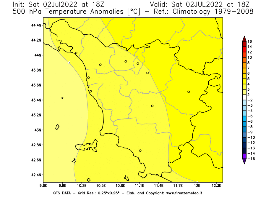 GFS analysi map - Temperature Anomalies [°C] at 500 hPa in Tuscany
									on 02/07/2022 18 <!--googleoff: index-->UTC<!--googleon: index-->