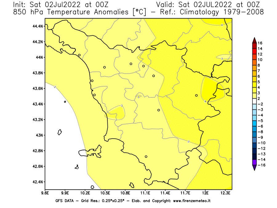 GFS analysi map - Temperature Anomalies [°C] at 850 hPa in Tuscany
									on 02/07/2022 00 <!--googleoff: index-->UTC<!--googleon: index-->