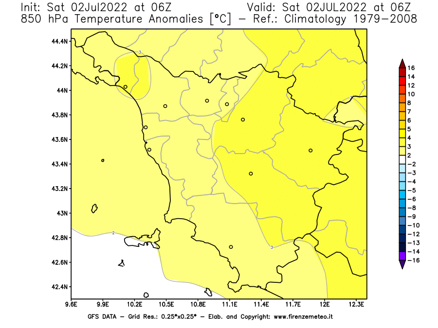 GFS analysi map - Temperature Anomalies [°C] at 850 hPa in Tuscany
									on 02/07/2022 06 <!--googleoff: index-->UTC<!--googleon: index-->