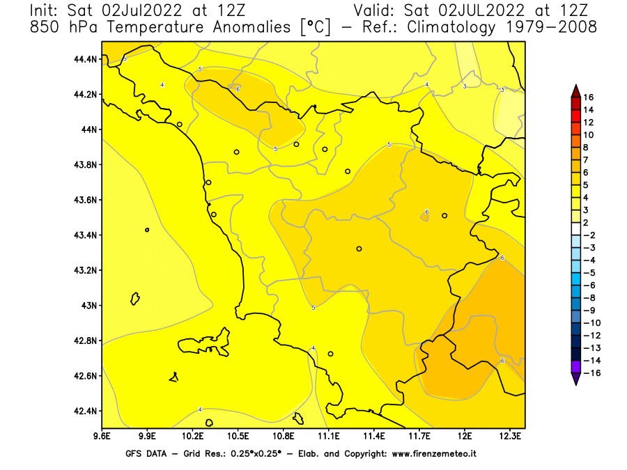 GFS analysi map - Temperature Anomalies [°C] at 850 hPa in Tuscany
									on 02/07/2022 12 <!--googleoff: index-->UTC<!--googleon: index-->
