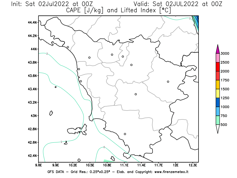 GFS analysi map - CAPE [J/kg] and Lifted Index [°C] in Tuscany
									on 02/07/2022 00 <!--googleoff: index-->UTC<!--googleon: index-->
