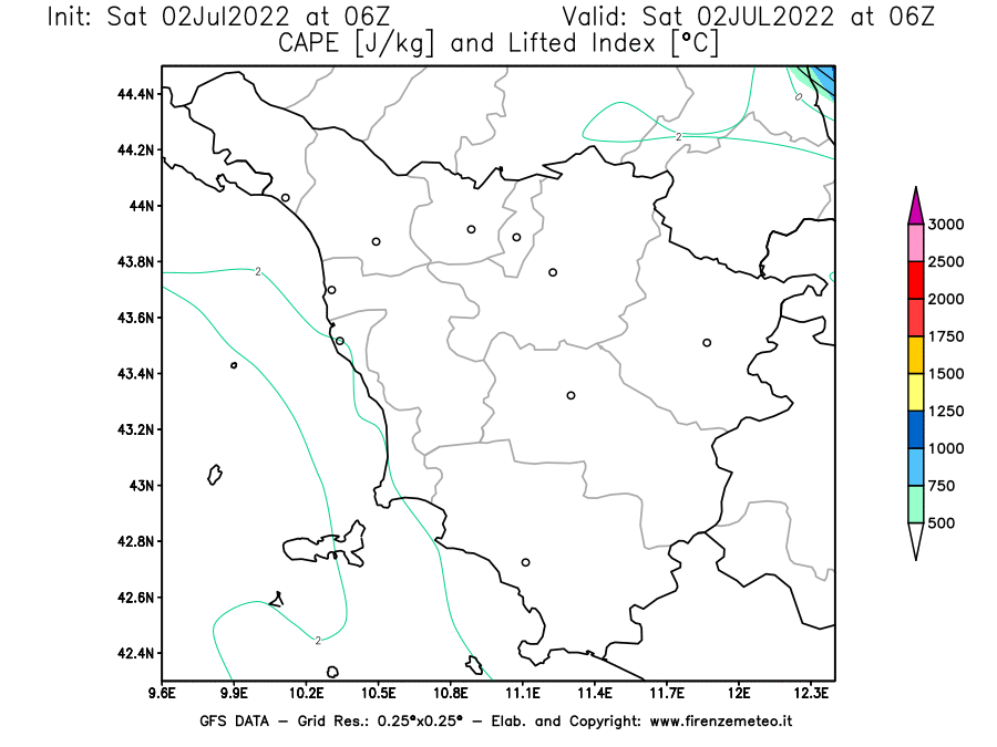 GFS analysi map - CAPE [J/kg] and Lifted Index [°C] in Tuscany
									on 02/07/2022 06 <!--googleoff: index-->UTC<!--googleon: index-->