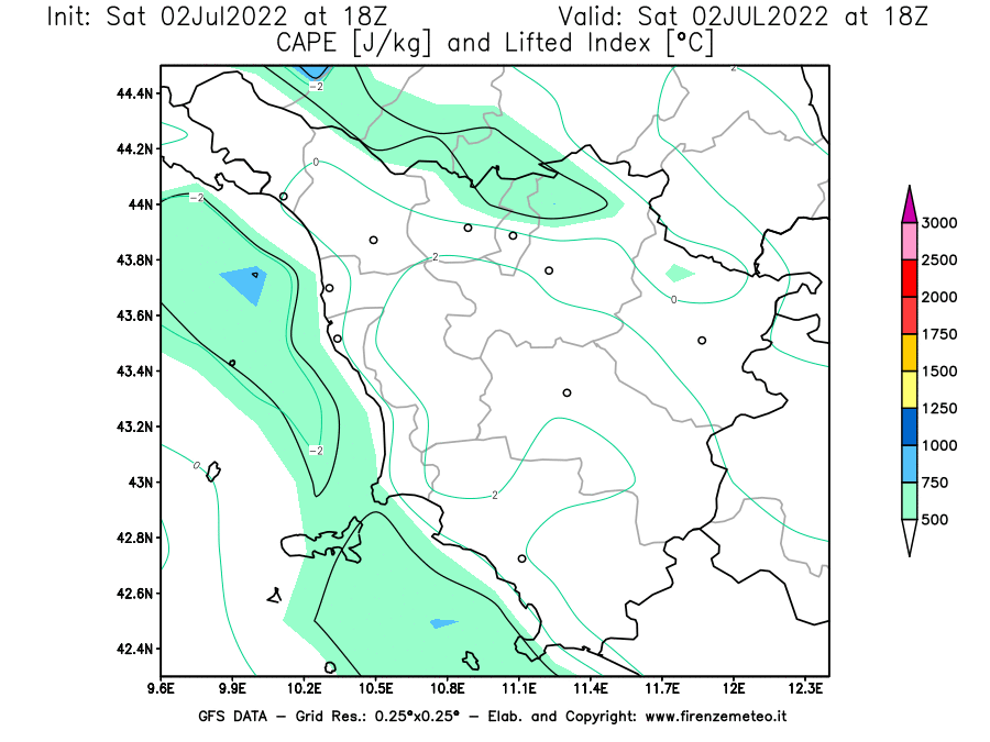 GFS analysi map - CAPE [J/kg] and Lifted Index [°C] in Tuscany
									on 02/07/2022 18 <!--googleoff: index-->UTC<!--googleon: index-->