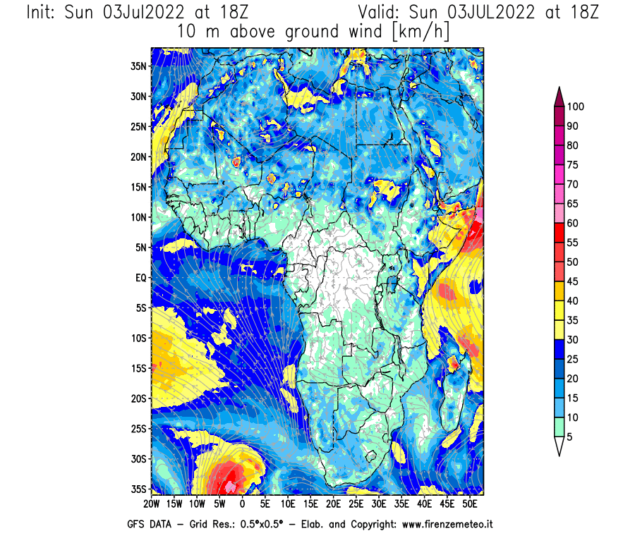 Mappa di analisi GFS - Velocità del vento a 10 metri dal suolo [km/h] in Africa
							del 03/07/2022 18 <!--googleoff: index-->UTC<!--googleon: index-->