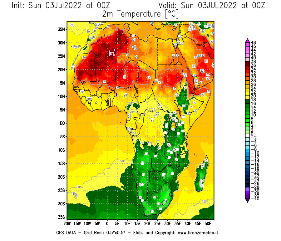 Mappa di analisi GFS - Temperatura a 2 metri dal suolo [°C] in Africa
							del 03/07/2022 00 <!--googleoff: index-->UTC<!--googleon: index-->