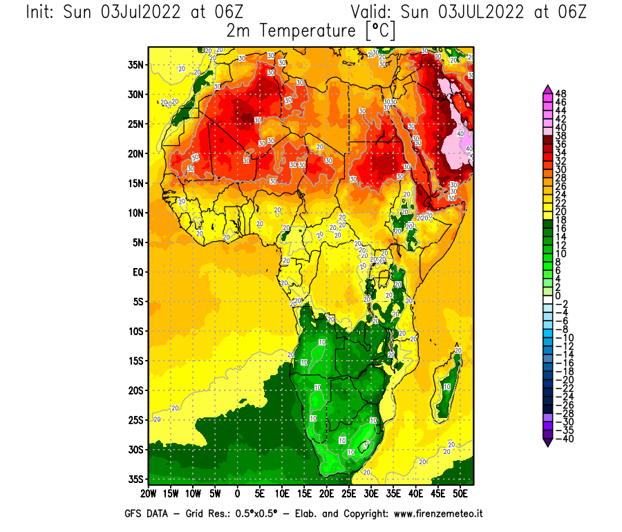 Mappa di analisi GFS - Temperatura a 2 metri dal suolo [°C] in Africa
							del 03/07/2022 06 <!--googleoff: index-->UTC<!--googleon: index-->