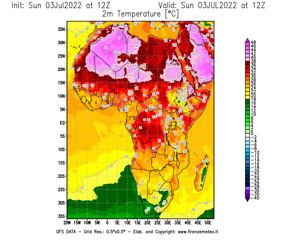 Mappa di analisi GFS - Temperatura a 2 metri dal suolo [°C] in Africa
							del 03/07/2022 12 <!--googleoff: index-->UTC<!--googleon: index-->