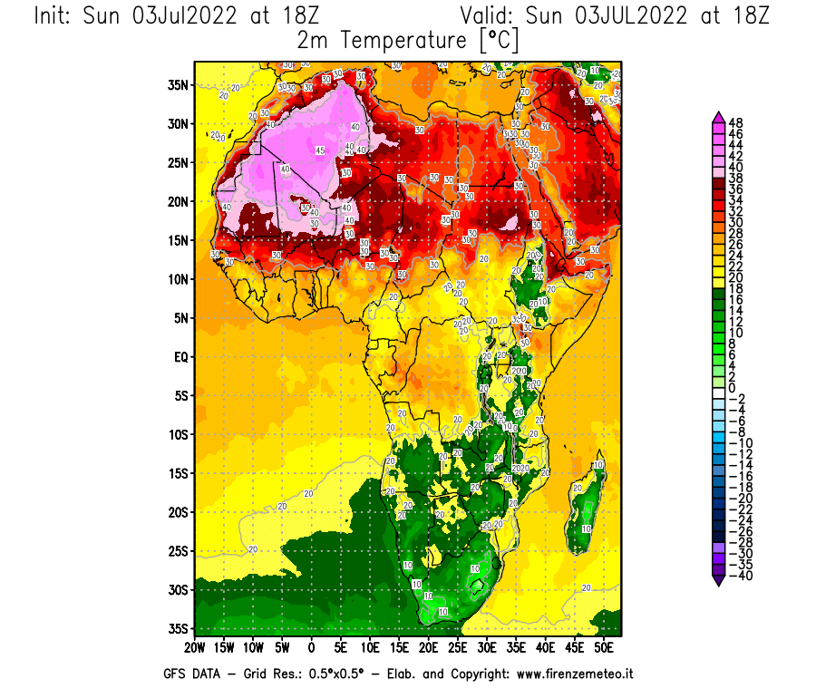 GFS analysi map - Temperature at 2 m above ground [°C] in Africa
									on 03/07/2022 18 <!--googleoff: index-->UTC<!--googleon: index-->