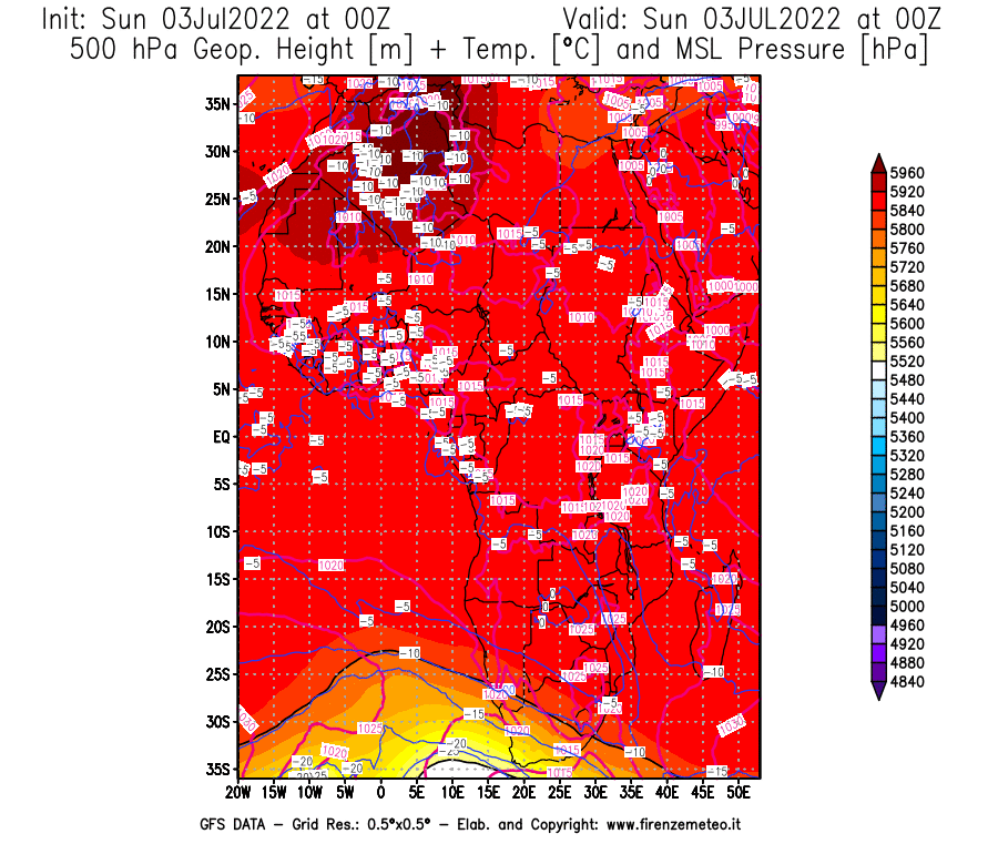 GFS analysi map - Geopotential [m] + Temp. [°C] at 500 hPa + Sea Level Pressure [hPa] in Africa
									on 03/07/2022 00 <!--googleoff: index-->UTC<!--googleon: index-->