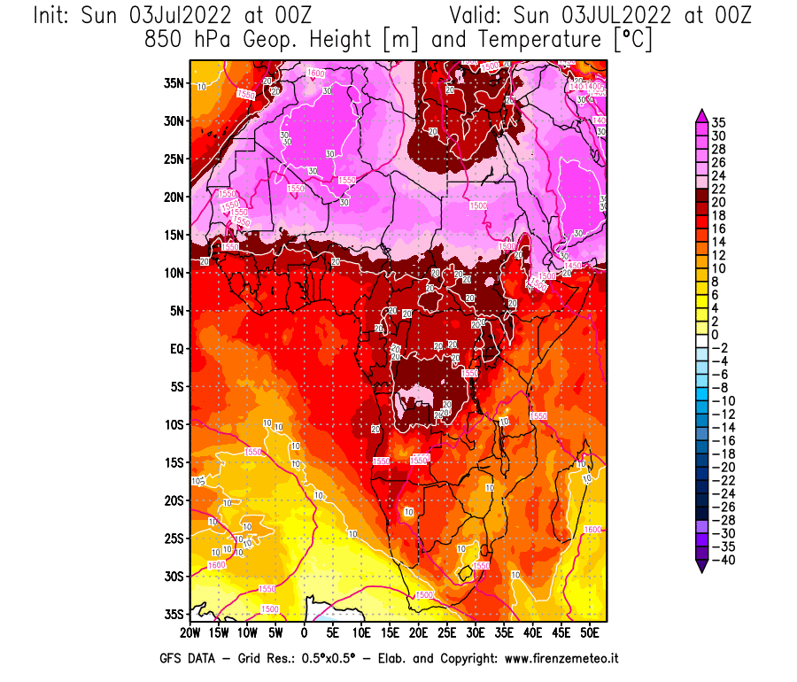 GFS analysi map - Geopotential [m] and Temperature [°C] at 850 hPa in Africa
									on 03/07/2022 00 <!--googleoff: index-->UTC<!--googleon: index-->