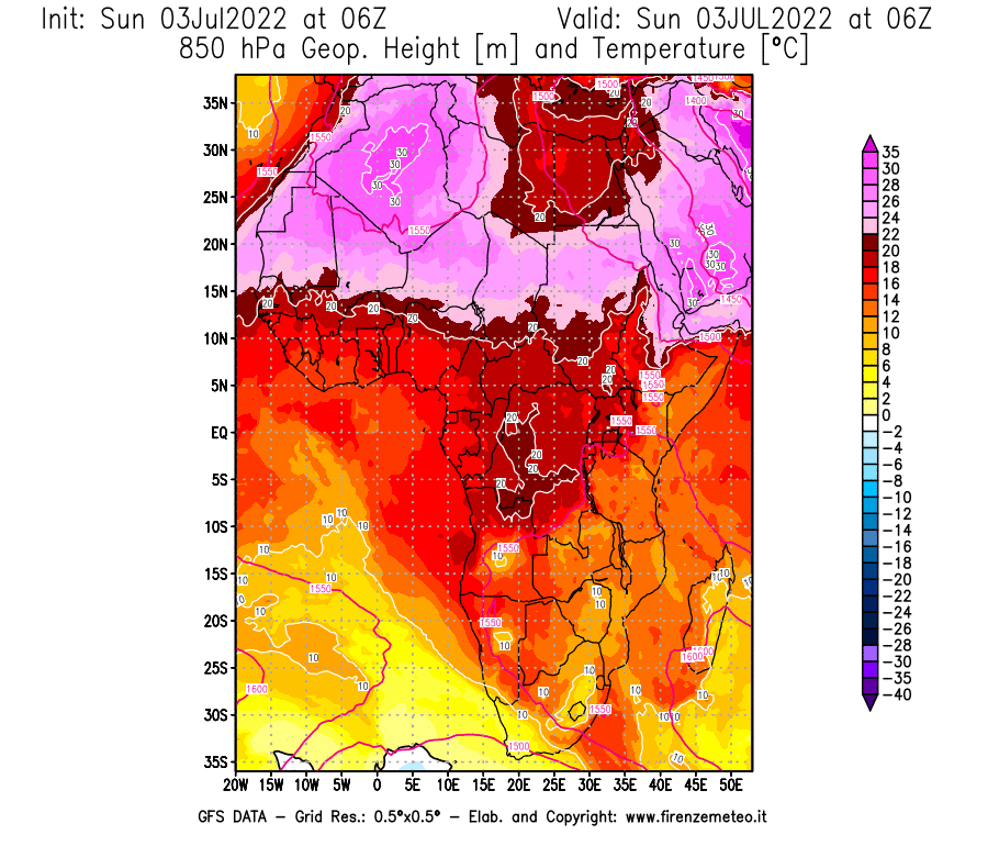 GFS analysi map - Geopotential [m] and Temperature [°C] at 850 hPa in Africa
									on 03/07/2022 06 <!--googleoff: index-->UTC<!--googleon: index-->