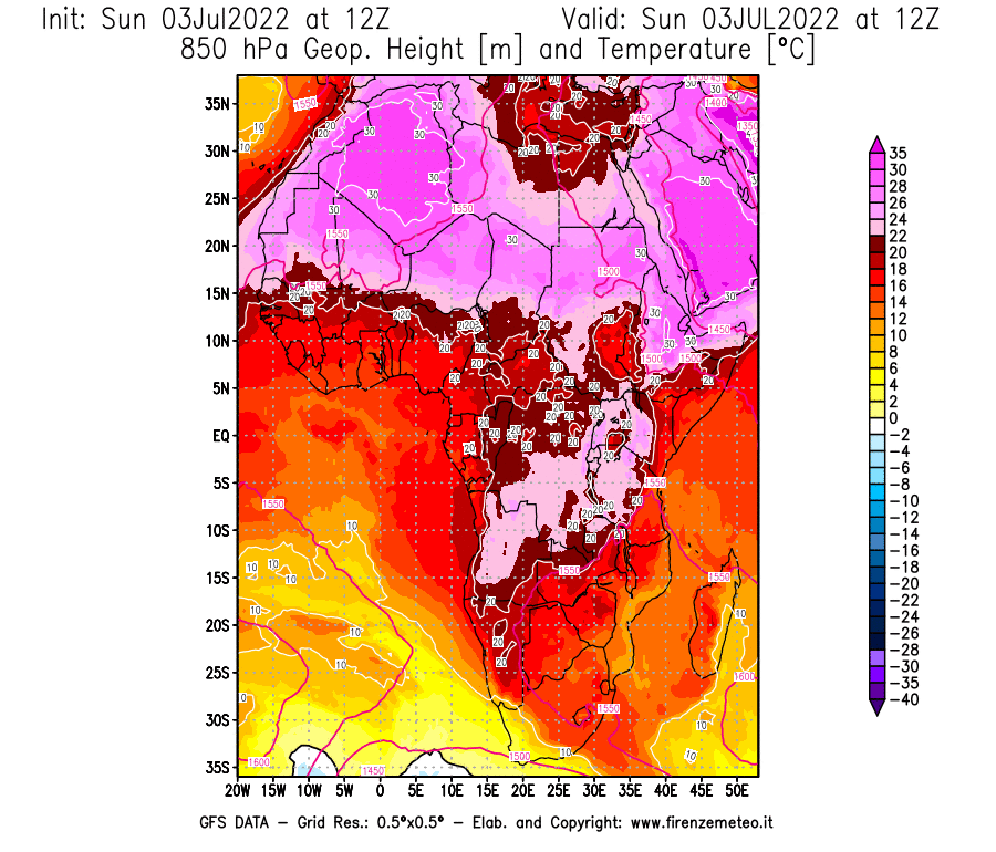 GFS analysi map - Geopotential [m] and Temperature [°C] at 850 hPa in Africa
									on 03/07/2022 12 <!--googleoff: index-->UTC<!--googleon: index-->
