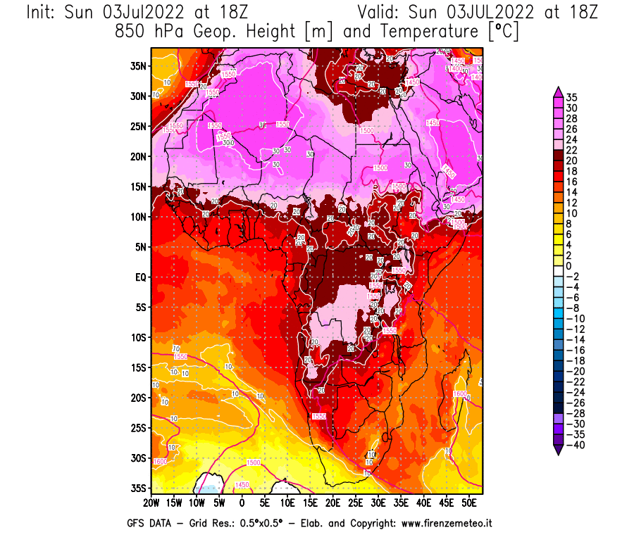 GFS analysi map - Geopotential [m] and Temperature [°C] at 850 hPa in Africa
									on 03/07/2022 18 <!--googleoff: index-->UTC<!--googleon: index-->