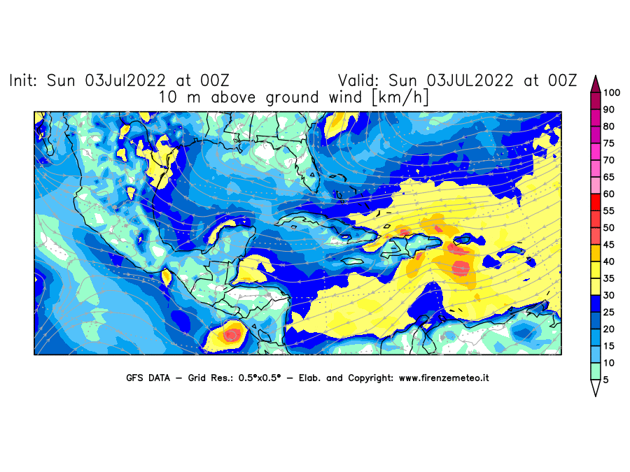 Mappa di analisi GFS - Velocità del vento a 10 metri dal suolo [km/h] in Centro-America
							del 03/07/2022 00 <!--googleoff: index-->UTC<!--googleon: index-->