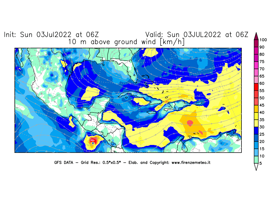 Mappa di analisi GFS - Velocità del vento a 10 metri dal suolo [km/h] in Centro-America
							del 03/07/2022 06 <!--googleoff: index-->UTC<!--googleon: index-->