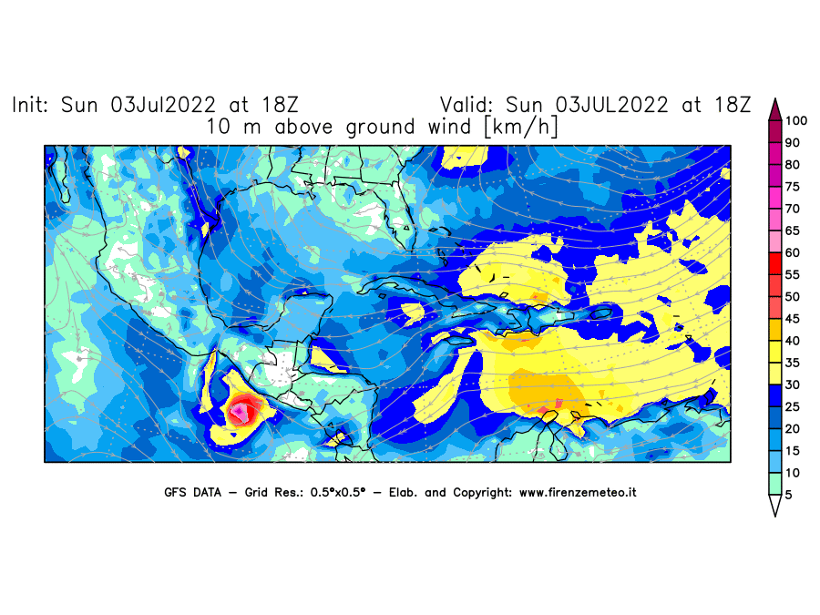 Mappa di analisi GFS - Velocità del vento a 10 metri dal suolo [km/h] in Centro-America
							del 03/07/2022 18 <!--googleoff: index-->UTC<!--googleon: index-->