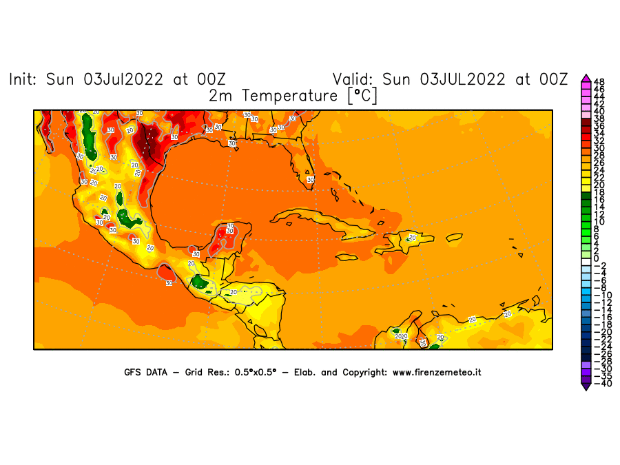 Mappa di analisi GFS - Temperatura a 2 metri dal suolo [°C] in Centro-America
							del 03/07/2022 00 <!--googleoff: index-->UTC<!--googleon: index-->