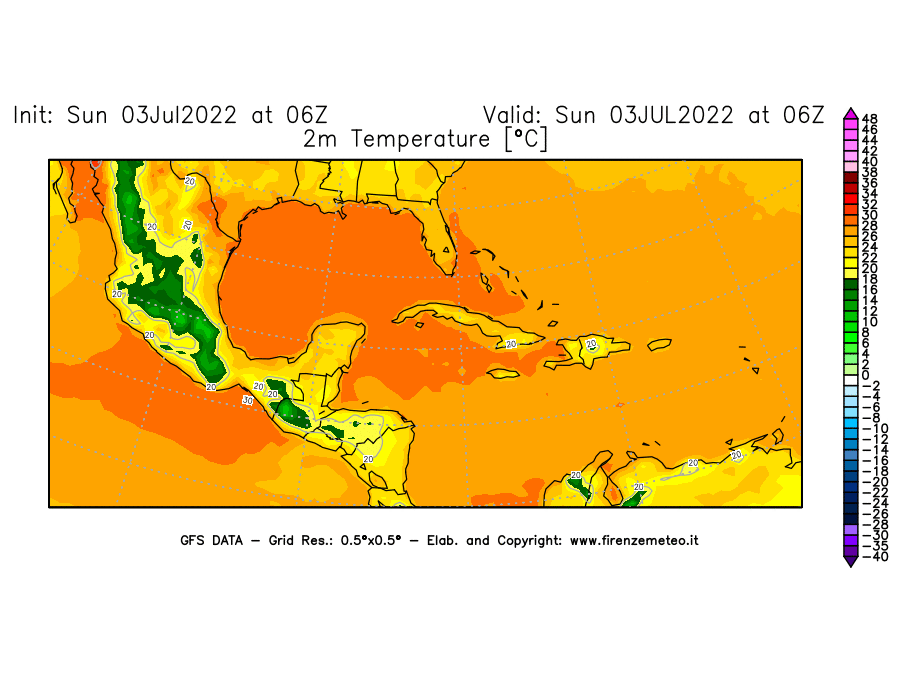 Mappa di analisi GFS - Temperatura a 2 metri dal suolo [°C] in Centro-America
							del 03/07/2022 06 <!--googleoff: index-->UTC<!--googleon: index-->