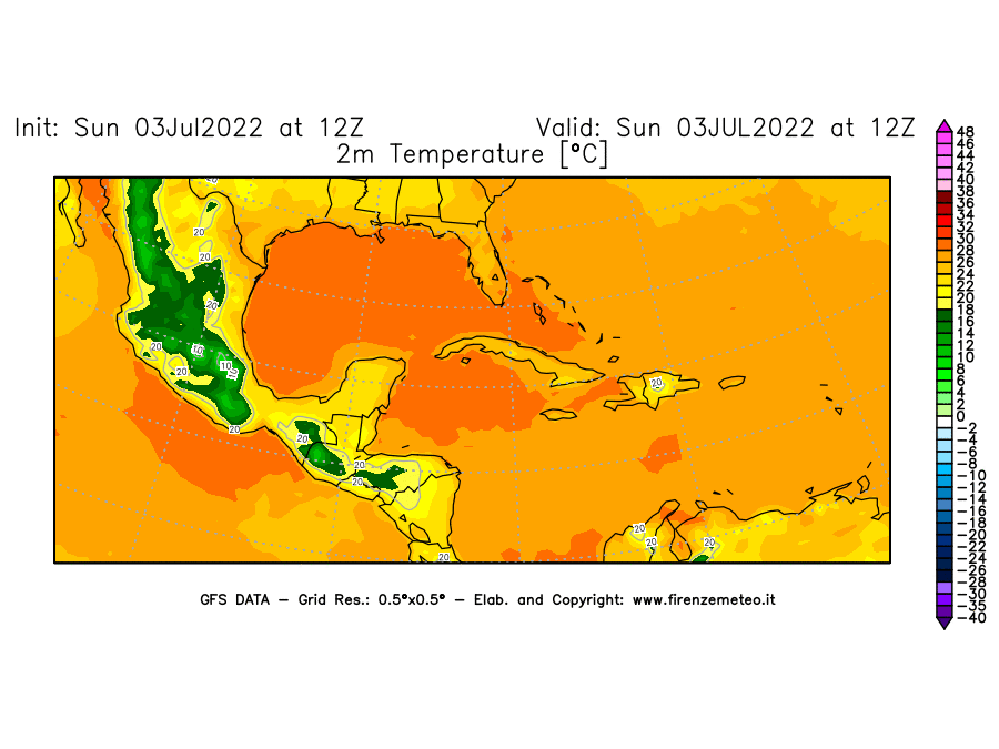 Mappa di analisi GFS - Temperatura a 2 metri dal suolo [°C] in Centro-America
							del 03/07/2022 12 <!--googleoff: index-->UTC<!--googleon: index-->