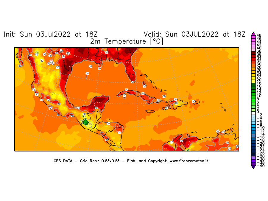 GFS analysi map - Temperature at 2 m above ground [°C] in Central America
									on 03/07/2022 18 <!--googleoff: index-->UTC<!--googleon: index-->