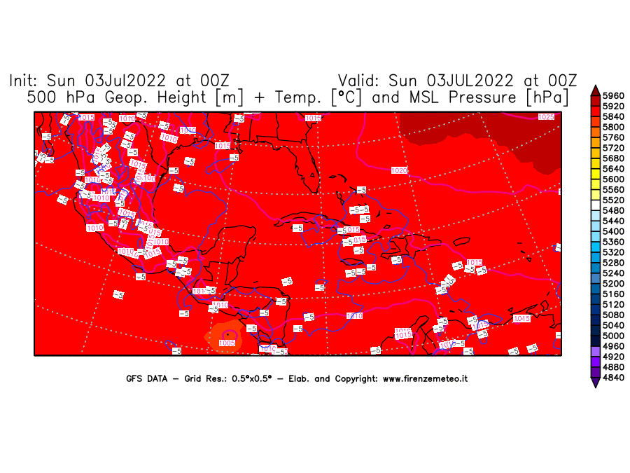 Mappa di analisi GFS - Geopotenziale [m] + Temp. [°C] a 500 hPa + Press. a livello del mare [hPa] in Centro-America
							del 03/07/2022 00 <!--googleoff: index-->UTC<!--googleon: index-->
