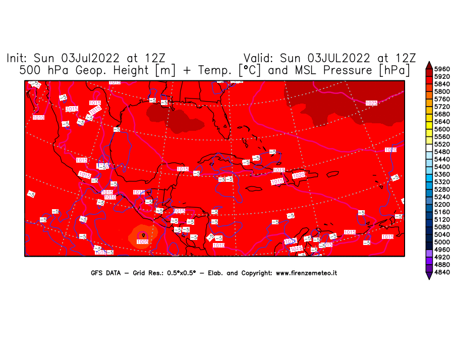 GFS analysi map - Geopotential [m] + Temp. [°C] at 500 hPa + Sea Level Pressure [hPa] in Central America
									on 03/07/2022 12 <!--googleoff: index-->UTC<!--googleon: index-->