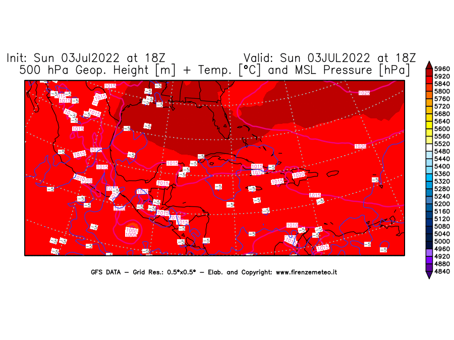 GFS analysi map - Geopotential [m] + Temp. [°C] at 500 hPa + Sea Level Pressure [hPa] in Central America
									on 03/07/2022 18 <!--googleoff: index-->UTC<!--googleon: index-->