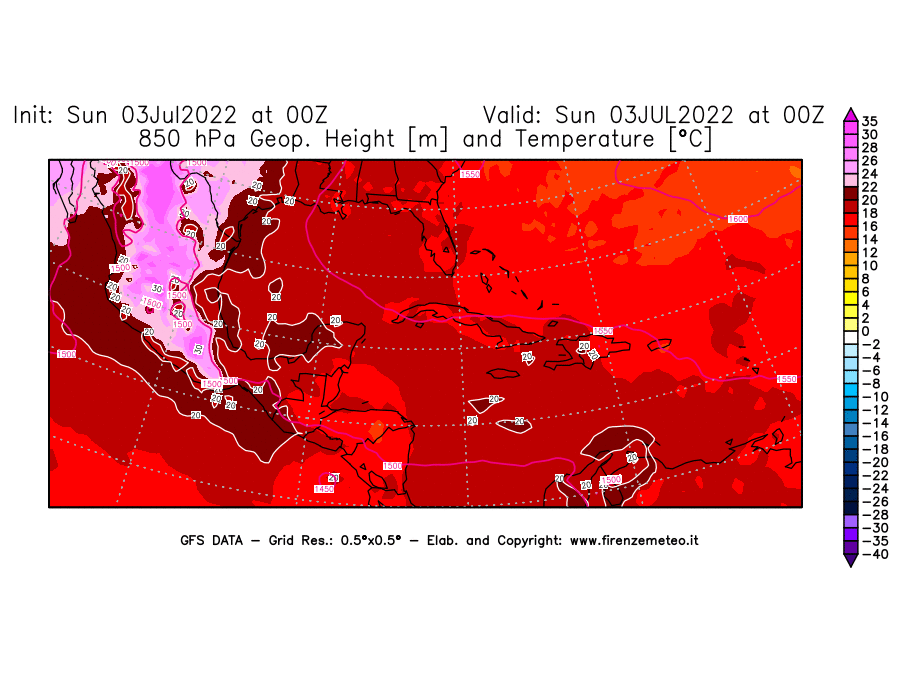 Mappa di analisi GFS - Geopotenziale [m] e Temperatura [°C] a 850 hPa in Centro-America
							del 03/07/2022 00 <!--googleoff: index-->UTC<!--googleon: index-->