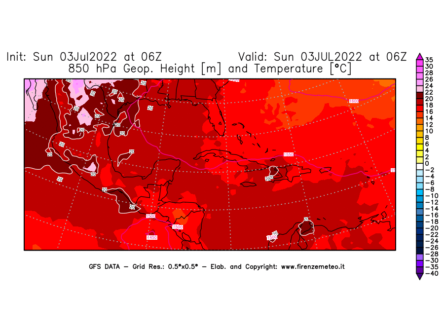 Mappa di analisi GFS - Geopotenziale [m] e Temperatura [°C] a 850 hPa in Centro-America
							del 03/07/2022 06 <!--googleoff: index-->UTC<!--googleon: index-->