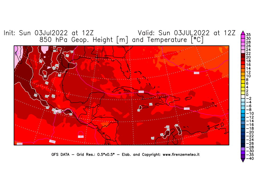 Mappa di analisi GFS - Geopotenziale [m] e Temperatura [°C] a 850 hPa in Centro-America
							del 03/07/2022 12 <!--googleoff: index-->UTC<!--googleon: index-->