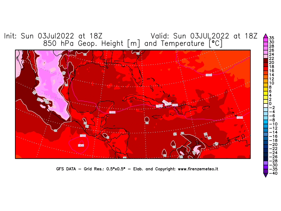 Mappa di analisi GFS - Geopotenziale [m] e Temperatura [°C] a 850 hPa in Centro-America
							del 03/07/2022 18 <!--googleoff: index-->UTC<!--googleon: index-->