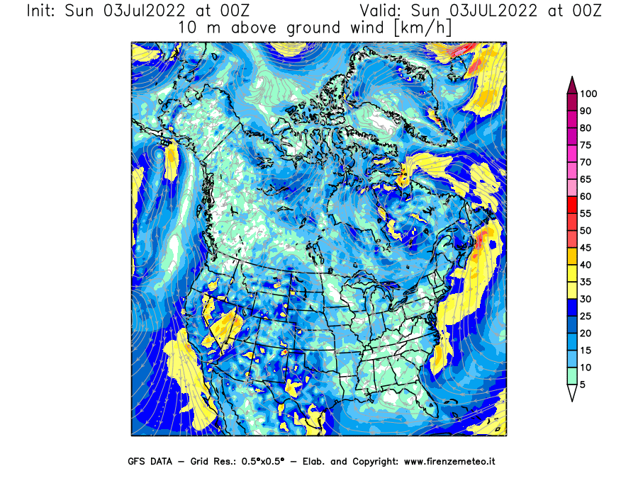 Mappa di analisi GFS - Velocità del vento a 10 metri dal suolo [km/h] in Nord-America
							del 03/07/2022 00 <!--googleoff: index-->UTC<!--googleon: index-->