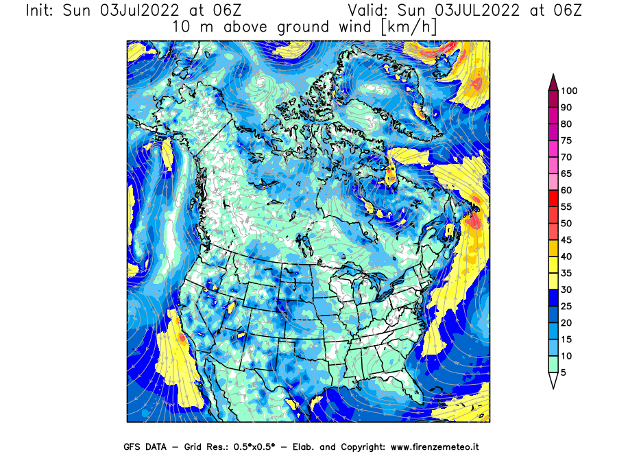 Mappa di analisi GFS - Velocità del vento a 10 metri dal suolo [km/h] in Nord-America
							del 03/07/2022 06 <!--googleoff: index-->UTC<!--googleon: index-->