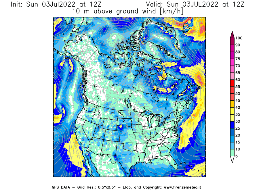 Mappa di analisi GFS - Velocità del vento a 10 metri dal suolo [km/h] in Nord-America
							del 03/07/2022 12 <!--googleoff: index-->UTC<!--googleon: index-->