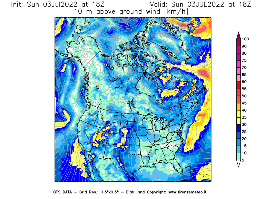 Mappa di analisi GFS - Velocità del vento a 10 metri dal suolo [km/h] in Nord-America
							del 03/07/2022 18 <!--googleoff: index-->UTC<!--googleon: index-->