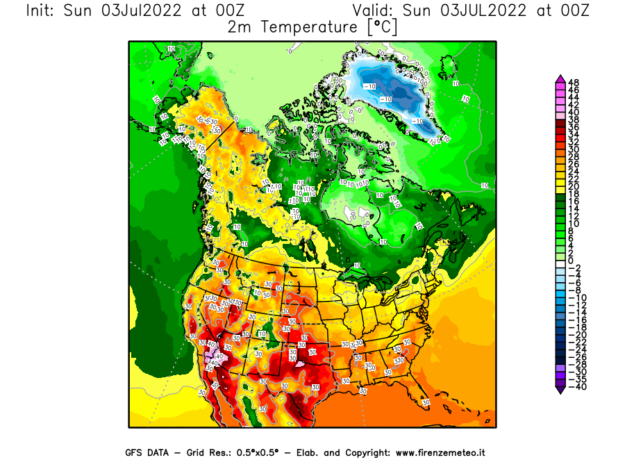 Mappa di analisi GFS - Temperatura a 2 metri dal suolo [°C] in Nord-America
							del 03/07/2022 00 <!--googleoff: index-->UTC<!--googleon: index-->